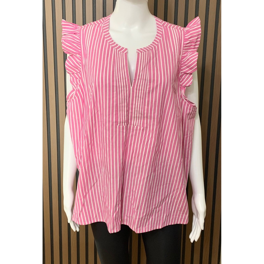 J.Crew Pink White Striped Ruffle Sleeve Split Neck Cotton Blouse Top 3X